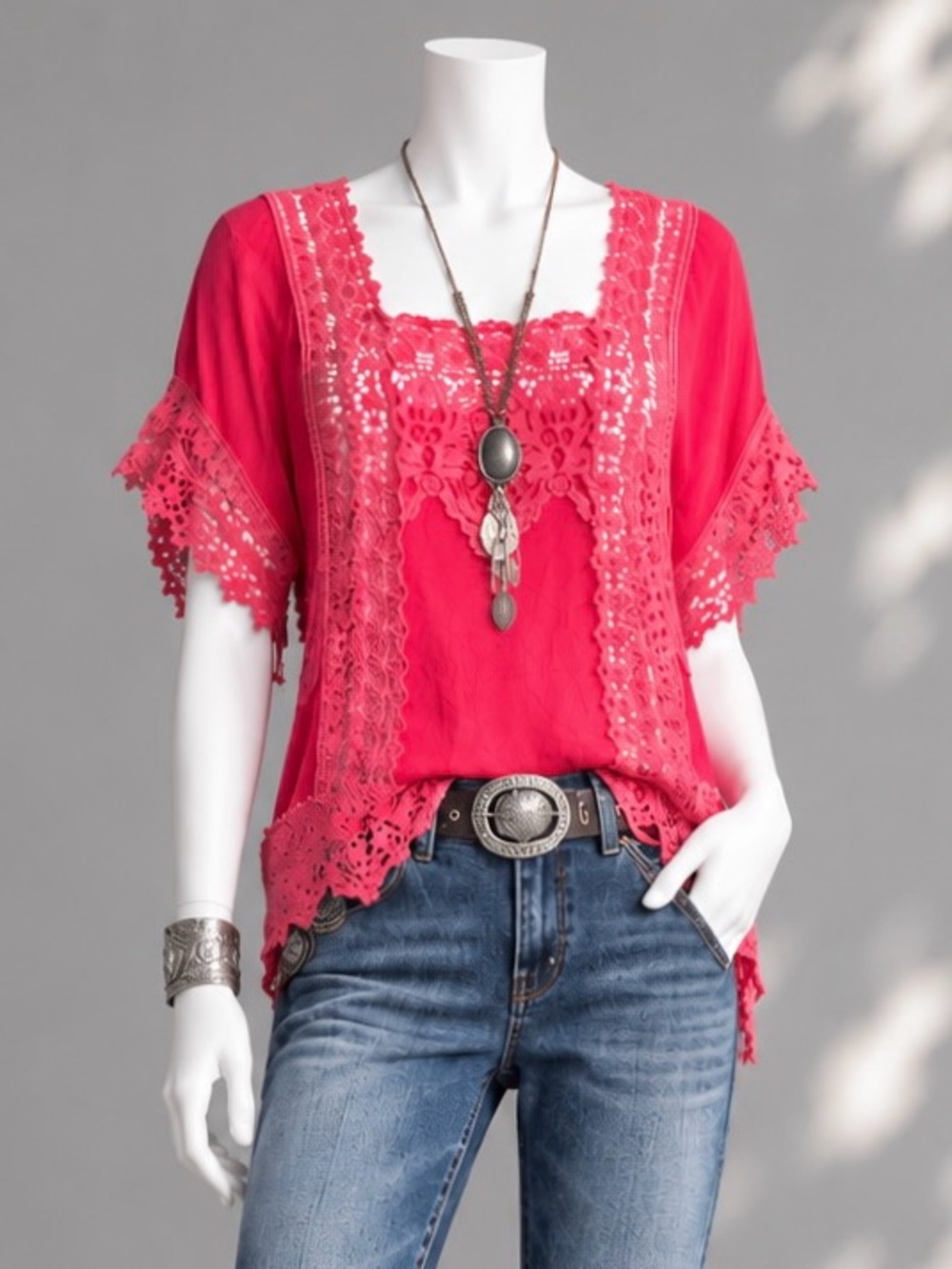 Johnny Was Boho Top Sheer Hot Pink Crochet Lace Trim Festival Resort Blouse S